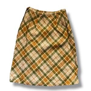 Vintage Wool Plaid Skirt Green Gold Tan 24” Waist Fall Academia